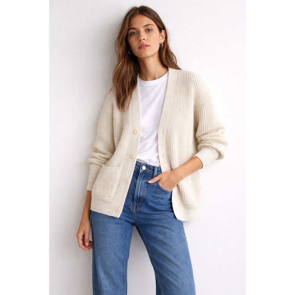 ZARA Cream Ribbed Knit Button Front‎ Cardigan Sweater Pockets Women's Size S